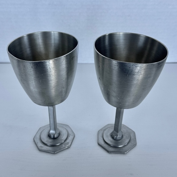 Vintage Aitkens Pewter Wine Glasses Goblets 2 Octagon Bases Matte Artisan Rustic - Picture 5 of 14